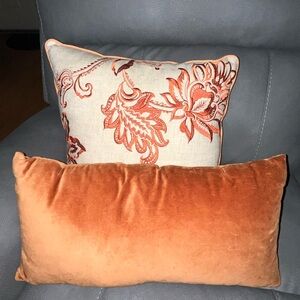 Elegant Orange Floral and Velvet Pillow Duo